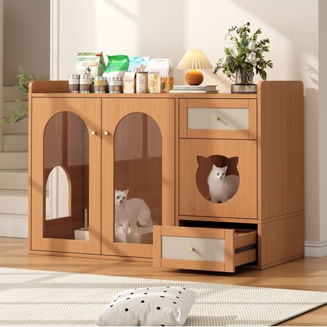 meuble rangement buffet litière chat 120 cm verre noyer OKMYHOME (1/5)