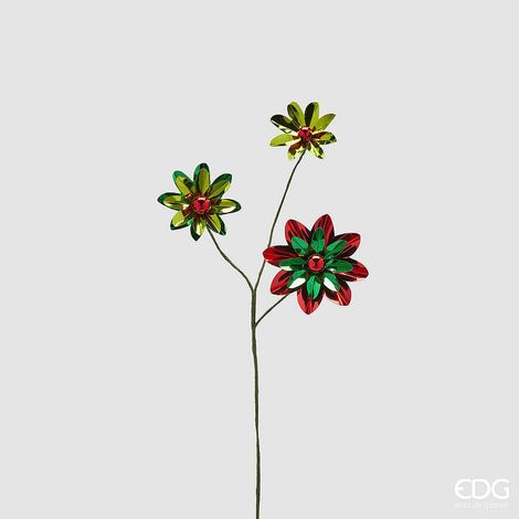 EDG Enzo De Gasperi Decoro Natale Gerbera Metal Ramo con 3 Fiori H 46 Cm Verde Rosso