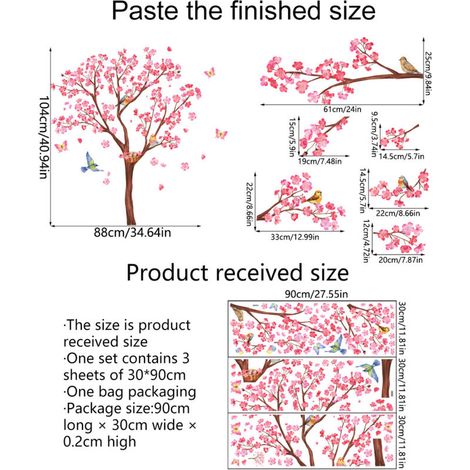 Stickers muraux cerisier fleurs roses arbres stickers muraux oiseaux et branches décoration murale (1/4)