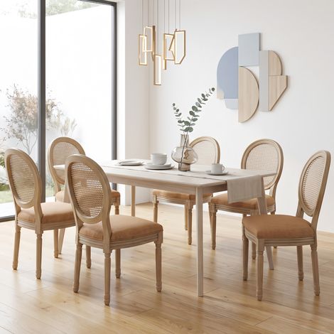 Lot de 6 Chaises Bois Massif - Dossier confortable Rotin Assise Lin Rembourrée, finition vieillie - style campagnard, Marron (1/5)