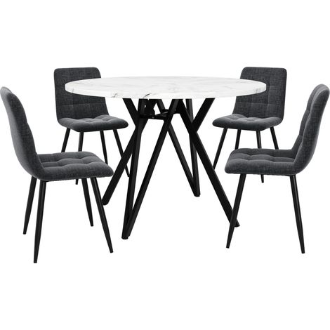 Ensemble table ronde 107 cm avec 4 chaises noires, double étagère, MDF et métal, style industriel pour salle à manger (1/5)