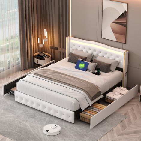 Lit double avec 4 tiroirs, éclairage LED, USB fonction de charge, sommier à lattes, structure métal, convient aux adultes et adolescents - matière PU Blanc (1/5)