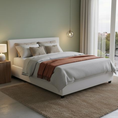 Dmora - Cama matrimonial Dalunn, Cama contenedor con tapizado en ecopiel, 100% Made in Italy, Apertura frontal, con colchón Cm 160x190 incluido, Blanco (1/5)