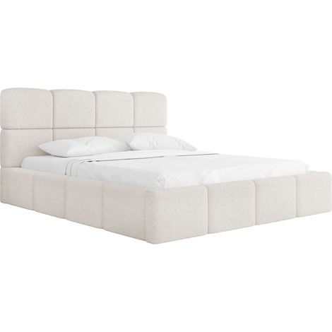 Polsterbett 200x200 mit Bettkasten und Lattenrost – Weiß Bett mit hohem Kopfteil, Boucle oder Samt Stoff – Modernes Doppelbett mit Stauraum – Bettgestell, ohne Matratze – Tivio – Creme