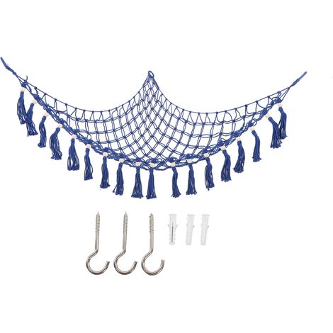 Hamac en toile tissé pour ranger jouets, triangle avec perles en bois et pompons, bleu royal, idéal pour suspendre peluches à la maison. (1/5)