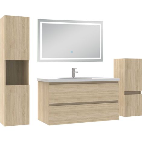 Ocean Ensemble meuble salle de Bain 100cm avec colonne et miroir mural lumineux 3 couleurs Chêne Wotan