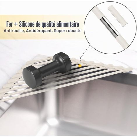 Tomorotec Égouttoir à vaisselle triangulaire compact recouvert de silicone pour coin d'évier – Organiseur et étagère de rangement pliable en acier inoxydable au-dessus de l'évier (couleur crème) (1/4)