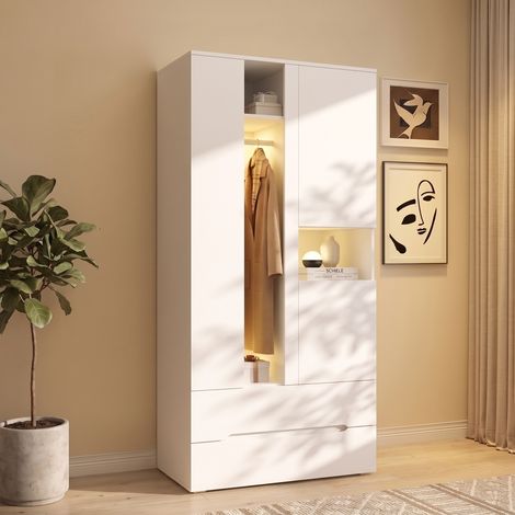 Armadio con luce LED, 90 x 50 x 200 cm, con 1 asta appendiabiti, 3 ante, 2 cassetti e 6 ripiani, armadio moderno con ante a battente, bianco, per camera da letto, cameretta bambini e ufficio. (1/5)