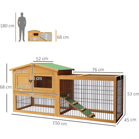 Cage à lapins 2 niveaux en bois de sapin, résistant à l'hiver, maison double étage avec enclos extérieur, rampe 150x52x68 cm, abri pour petits animaux (lapins, cochons d'Inde) jaune. (1/5)