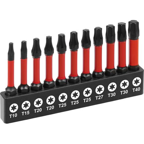 Set de 11 embouts Torx en acier S2, tiges hexagonales 1/4", 11 embouts 50 mm sans trous, T10 T15 T20 T25 T27 T30 T40, pour tournevis et visseuse électrique (1/5)