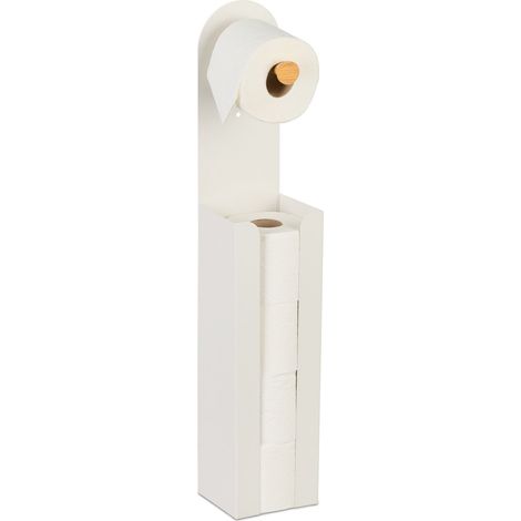Relaxdays freestanding toilet roll holder, HxWxD: approx. 66x12x11cm, iron & bamboo, toilet paper storage, white/natural