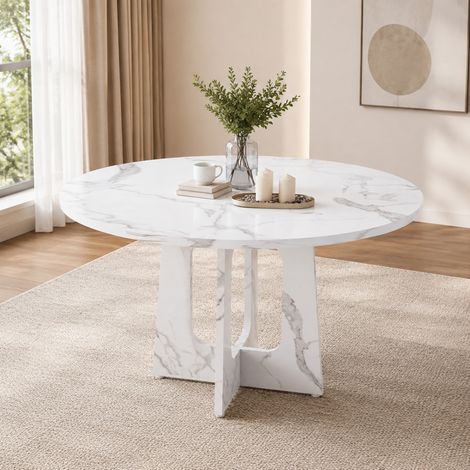 Tavolo da pranzo rotondo 120 cm in MDF effetto marmo bianco HAVRYA (1/5)