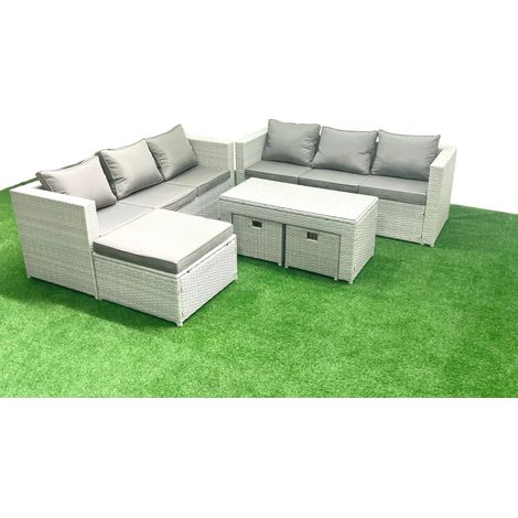 Fimous 9-Sitzer Gartenmöbel-Set im Freien Polyrattan Garten Sofa Rechteckiger Couchtisch Set mit 3 Hockern Hellgrau gemischt