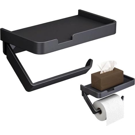 Support Porte-Papier Toilette Noir Auto-Adhésif avec Étagère pour Téléphone, Porte-Papier Toilette Mural sans Perçage en Alliage d'Aluminium pour Salle de Bain et Cuisine (1/5)