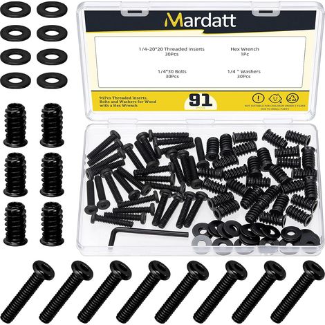Lot de 90 pièces avec inserts filetés (1/4"-20), inserts en bois galvanisé noir + vis de meubles hexagonales 1/4" x 30 + rondelles 1/4" + clé à molette pour raccords en bois (1/5)