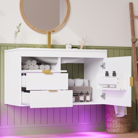 Badmöbel mit Waschbecken 76 cm, wandhängend, LED und App-Steuerung, weiß, MDF OKMYHOME (1/5)