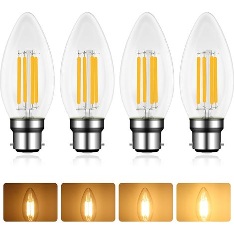 LED-Lampe mit B22-Bajonettfassung, 6 W, warmweiß (2700 K), 220 V Wechselstrom, Vintage-C35-Glühfaden, für Kronleuchter, Decken- und Wandleuchten, 4er-Pack