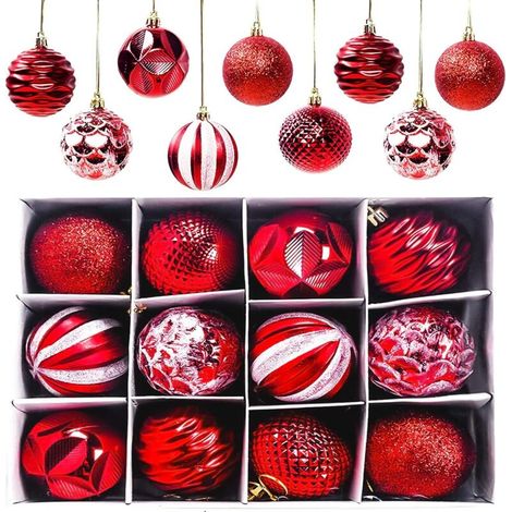 Lot de 12 boules de Noël rouges, décorations pour sapin de Noël mates et brillantes, boules de Noël scintillantes ∅ 6 cm (1/5)
