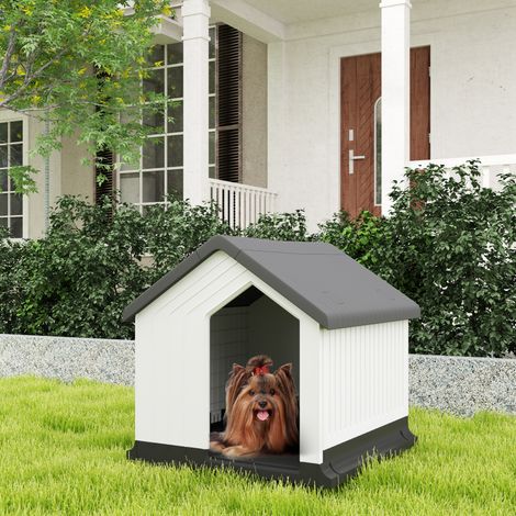 Caseta de plástico impermeable para exteriores, ideal para perros pequeños y miniatura, con ventana, 62x61x60 cm, color gris.