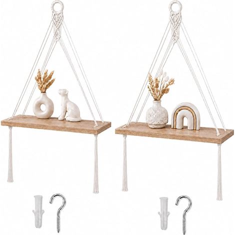 Lot de 2 Etagere Murale Bois Macramé, Boheme Design Etagere Suspendue, Deco Murale Boheme, Étagère Murale Étagères à Corde en Bois, pour Le Salon, la Chambre, Le Balcon (1/5)