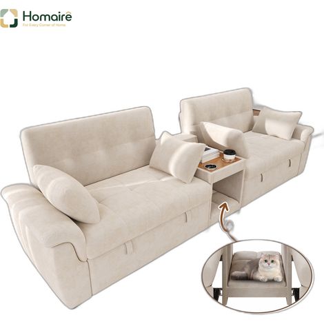 Canapé en velours beige avec rangement et couchage coulissant 284 x 138 x 89 cm HOMAIRE (1/5)