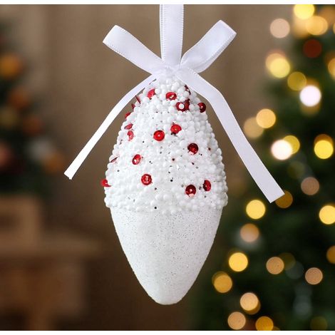 Ornement de sapin forme olive pointue 6×11,5 cm, déco perles blanches sequins rouges (1/3)