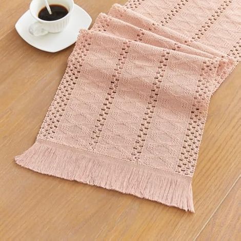 YATOJUZI Chemin de table rose pur de style bohème avec pampilles – Style rustique – Pour salle à manger, chambre à coucher, cuisine – 30,5 x 122 cm (1/5)