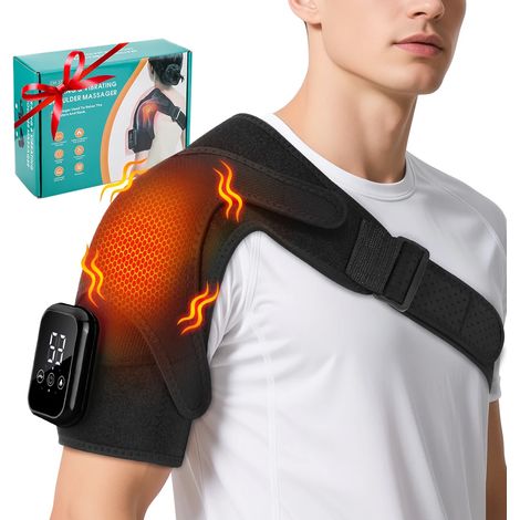 (Noir) Sangle de massage portable pour les épaules avec 3 supports d'épaule chauffants et vibrants réglables. (1/5)