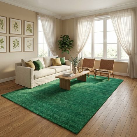 Tapis Gabbeh tissé Tapis Uni - Tapis en laine - 200x140cm, Rectangular - 100% Laine vierge - Tissé main - Vert foncé