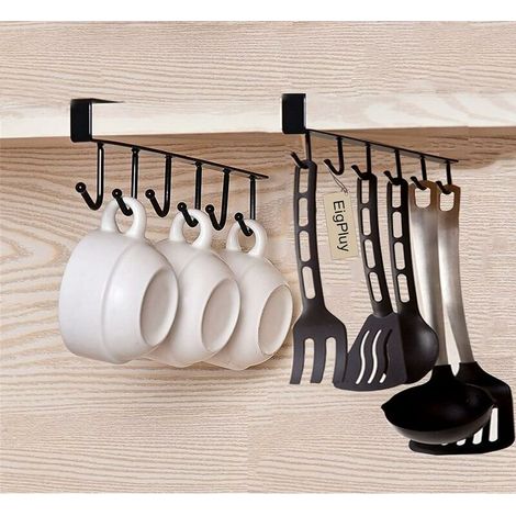 Set di 2 ganci portaoggetti per bicchieri, utensili da cucina, denti e sciarpa, gancio inferiore per mobile, non richiede foratura, nero, di DEBUNS (1/5)