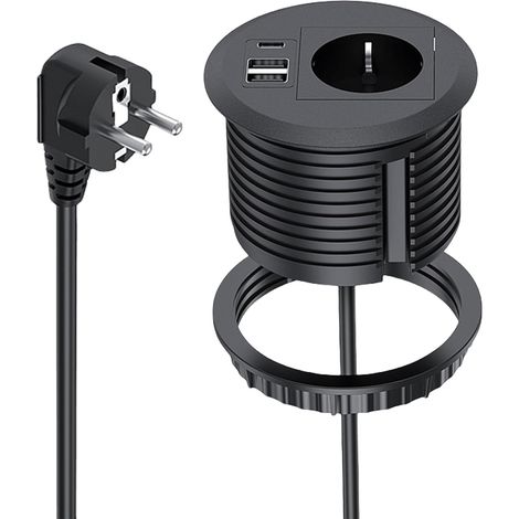 Presa a incasso con USB, presa da tavolo con USB C PD20W, multipresa a incasso, con 2 porte USB e cavo di alimentazione da 1,7 m, presa da tavolo per foro da 80 mm, nera