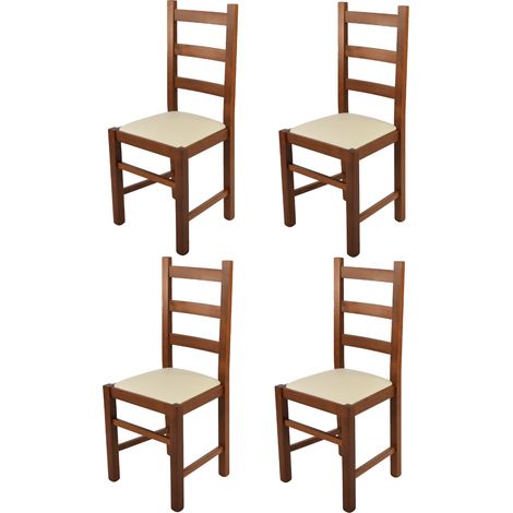 Tommychairs - Set 4 Sedie modello Rustica per cucina bar e sala da pranzo, robusta struttura in Legno di faggio color noce chiaro e seduta rivestita in pelle artificiale color avorio (1/5)
