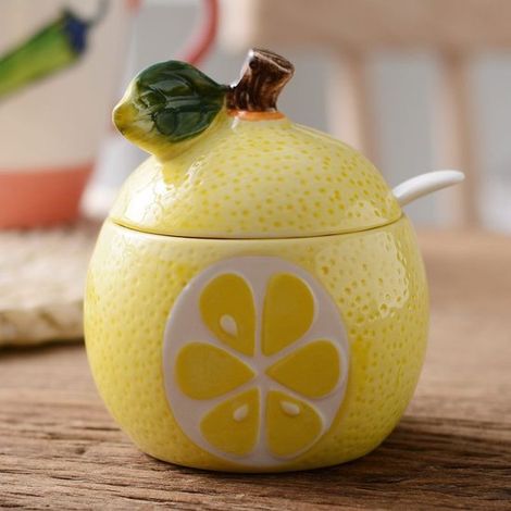 Azucarero de cerámica con forma de fruta, salero, pimentero con tapa y cuchara bote para especias (amarillo) (1/2)