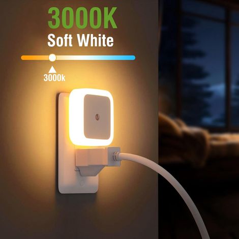 Lot de 2 veilleuses LED à brancher sur le mur, 0,5 W, allumage/extinction automatique pour chambre d'enfants, salle de bain, couloir, cuisine (1/4)