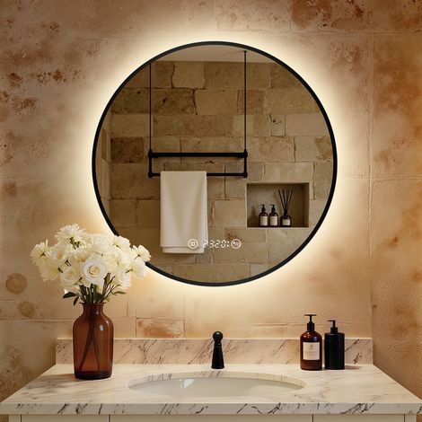 S'AFIELINA Miroir de salle de bain LED rond éclairé 70 cm avec interrupteur à bouton tactile,Anti-buée,Lumière blanche neutre,Horloge numérique,IP44 (Cadre en métal noir)