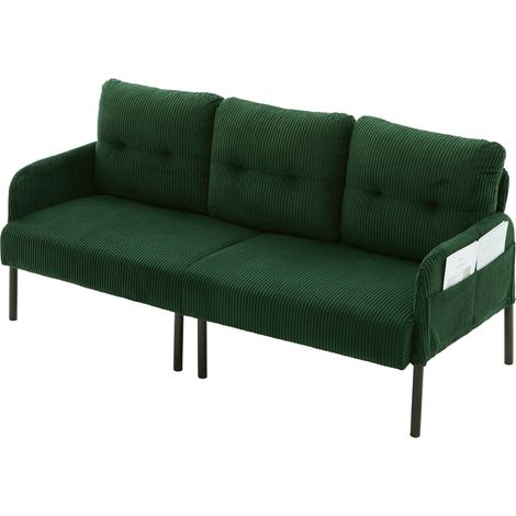 ELVMI Canapé droit 3 places avec poche latérale, dossier ergonomique et accoudoirs en velours côtelé, Vert émeraude (1/5)