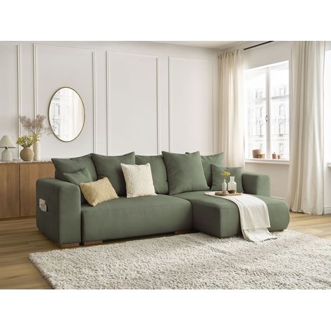BOBOCHIC - Canapé d'angle convertible réversible coffre SIDONIE velours côtelé Vert (1/5)