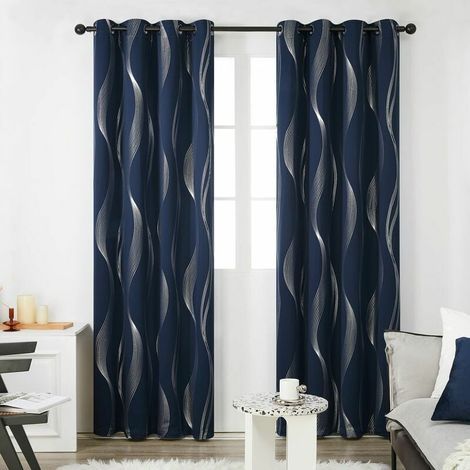 Lot de 2 Rideaux Argenté Motif Ligne Salon Intérieur Maison Rideau Occultant Isolant Thermique à Oeillets 140x245cm Chambre Bleu Marine (1/3)