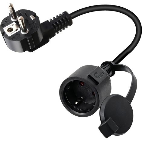 90°-Winkelverlängerungskabel für den Außenbereich, Typ F, Schutzart IP44, mit wasserdichter Kappe, europäischer Standardstecker, geeignet für den Innen- und Außenbereich, 0,3 m, Schwarz