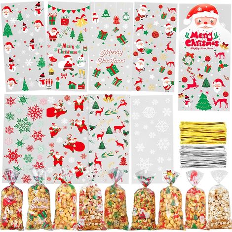 Lot de 120 sacs à biscuits de Noël, 10 styles de sacs à biscuits, sacs cadeaux de Noël, sacs à remplir, sacs en cellophane, sacs à bonbons avec cravates torsadées