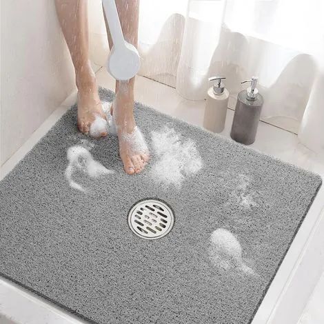 Tapis de douche carré, 61 x 61 cm, antidérapant, en PVC souple avec trous d'évacuation, séchage rapide, sans ventouse, gris. (1/3)