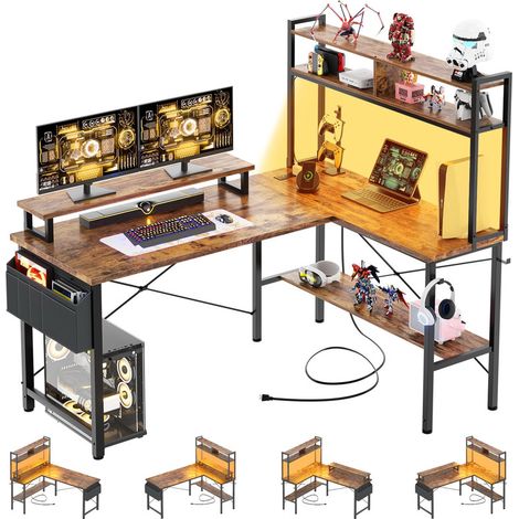 Small L-Shaped Corner Gaming Desk, Computer Desk with Power Outlets, LED Lights, Monitor Stand, Storage Shelf and Storage Bag for Home Office