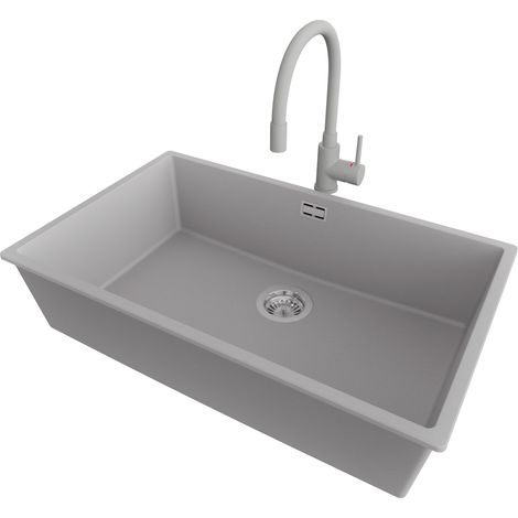 PRIMAGRAN Evier Cuisine en Granit 76x47cm,Lavabo 1 bac + Robinet 38x14cm + Kit de Vidage, Évier à Encastrer au meuble 80cm - London Slim, Gris (1/5)