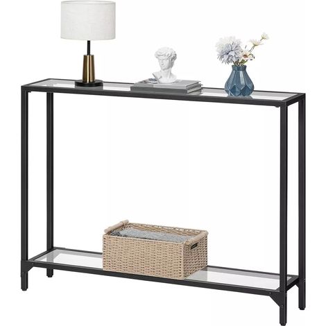 Console Table, Tempered Glass Sofa Table, Slim Hallway Table with 2 Shelves, Narrow Entryway Table, 100 x 22 x 80 cm, Modern Display Table for Living Room, Metal Frame, HOOBRO EBK04XG01