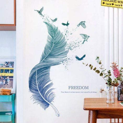 Sticker Mural Plume - 123 x 71 cm - Décoratif Murale Oiseau Moderne - Pour Salon Chambre Cuisine Salle de Bain Couloir Meubles Carrelage (1/4)