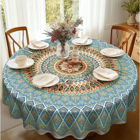 Nappe Ronde 150 Lavable, Nappe Boho Mandala Bleue Florale pour Jardin en Polyester Résistante aux Intempéries Table Cloth Imperméable pour Cuisine, Table de Jardin, Table à Manger, Fête (1/5)
