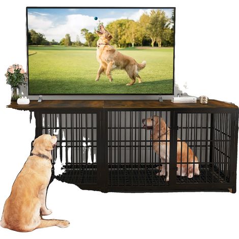 Cage pour chien, design multifonctionnel, chenil en bois XXL, matériaux durables, 3 portes pour chiens de taille moyenne à grande, Noix foncée (1/2)