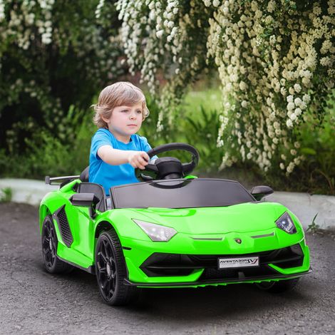 Coche eléctrico infantil Lamborghini con licencia oficial, 12 V, 2 motores, suspensión, control remoto 2.4G, faros, claxon y música, 3-5 km/h, color verde.