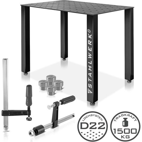 STAHLWERK Juego de mesa de soldar - Robusta mesa de soldar y de montaje con sistema de taladros D22 y encimera de 12 mm como kit de bricolaje en un juego con tornillos y abrazaderas de sujeción, así c