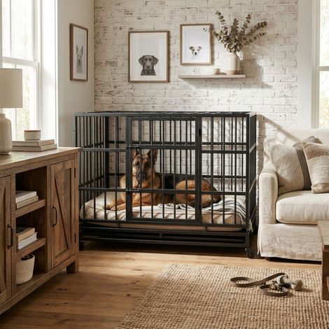 Cage pour chien robuste en acier 120 x 75,7 x 92 cm avec roulettes et bac amovible OKWISH (1/5)